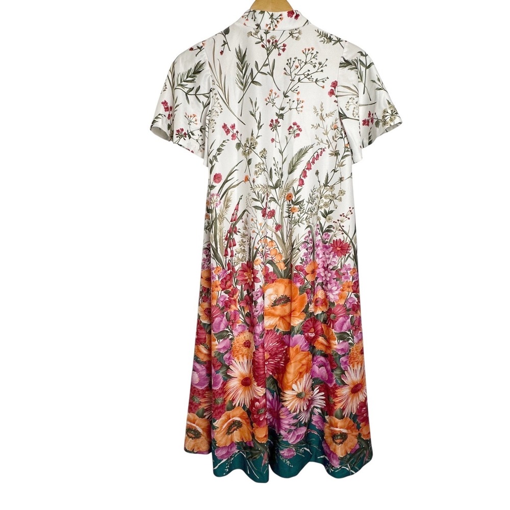 70s Vintage Floral Mandarin Collar Midi Dress Flutter Sleeve Small Whimsical